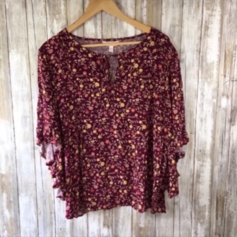 LC Lauren Conrad Burgundy Floral Ruffle Blouse